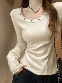 Spring Korean Style Low Round Neck Rivet Elegant Slimming Design Long Sleeve Base Layer T-Shirt Top - Apricot - View 4