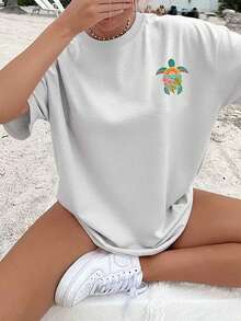 Tropisches Blumen-T-Shirt |   Damen-T-Shirt mit doppelseitigem Aufdruck, Rundhalsausschnitt, Meeresschildkröten-Grafik, lässiges, kurzärmeliges, bequemes Oberteil für den Sommer, Strandliebhaber und den Alltag, - Weiss - Übersicht 2