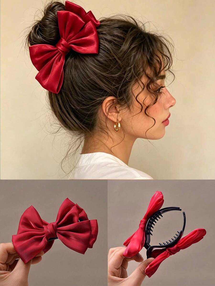1pc Girls Bow Decor Cute Hair Claw For Daily Life - Burgundy - View 1