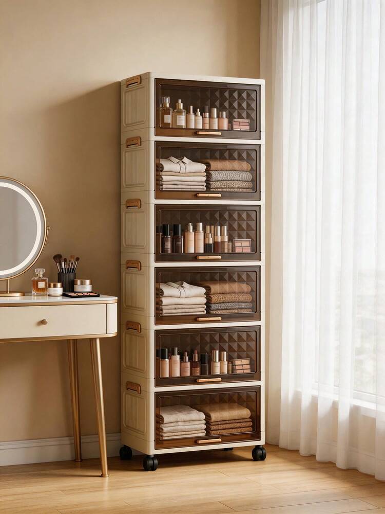 1pc 50cm/19.6in Wide Plastic Storage Cabinet, Flip-Top Folding Storage Box, Wardrobe Divider Storage Box, Kitchen Dining Room Side Storage Cabinet, Kitchen Storage Rack, Home Living Room Toy Storage Cabinet, Gap Storage Cabinet,Bedroom Room Decor,Back To School - Transparent - View 3