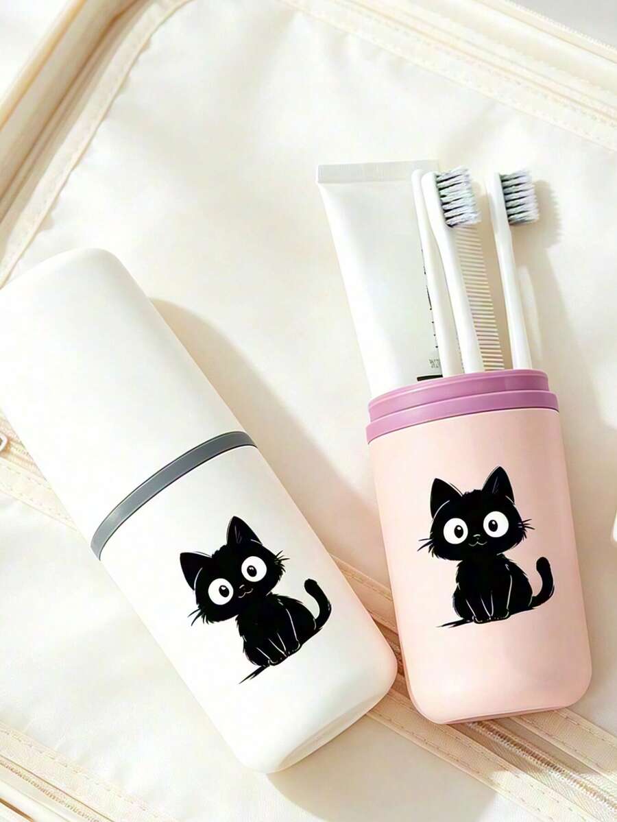 Travel Toothbrush Storage Cup, Cute Cat Print Toothbrush Cup, Mouthwash Cup, Bathroom Wash Cup, Toothpaste Storage Cup, Portable Toothbrush Storage Tube, Multi-Functional Wash Set Storage Box, Cute Cat Print Pattern Eye-Catching, Reusable, Detachable And Washable Cup Easy To Clean, Large Capacity Can Hold Toothpaste, Comb And More, Camping Waterproof Portable Toothbrush Storage Tube, 2-In-1 Travel Toothbrush Storage Cup, Compact Portable Wash Cup For Business Trips, Suitable For Dorms, Camping, Travel, Back To School Season Essential - Multicolor - View 1