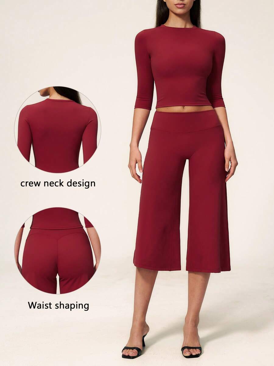 TimeOff Women's One Set Solid Color Crew Neck Short Sleeve Wide Leg Pants Sports Suit - Red - View 1