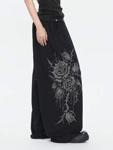 女款花卉水鑽圖案休閒百搭日常穿著長褲黑色 - 黑色 - 查看 1