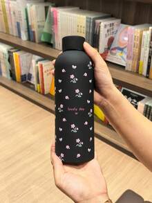 500ml/16.9oz 不鏽鋼迷你花卉圖案馬克杯，便攜保溫水壺附橡膠塗層，適合居家與戶外運動，完美的返校季禮物送給家人與朋友 - 黑小花 - 查看 1