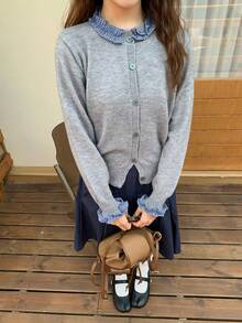 Cardigan Rajut Manis & Imut dengan Kerah dan Manset Berenda - Grey - View 1