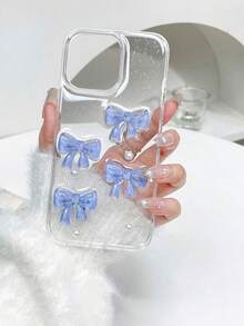 亮面冰藍蝴蝶結珍珠設計透明環氧樹脂手機殼，適用於 iPhone 17/17Air/17Pro/17ProMax/16/15/14/13/12/11/X/XS/XR/Mini/Pro Max/Pro/Plus，TPU 軟殼 - 藍色 - 查看 2