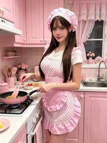 1Set Princess Wave Point Apron Chef Hat Set, Suite As Christmas,Saudi Arabia National Day Baking Set .Easy Clean Cooking Apron, Pink Cute Baking Apron, Perfect Festival/Valentine's Day Gift - Pink - View 5
