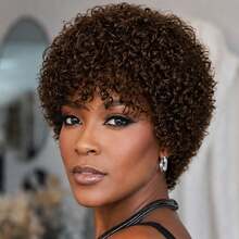 AMECIRE Curly Wig Brown Wig Short Hair Wig Human Hair Wigs Pixie Cut Wig Women's Curly Wig Elastic Mesh Cap Suitable For Everyday Wear And Holidays - S4 - View 3