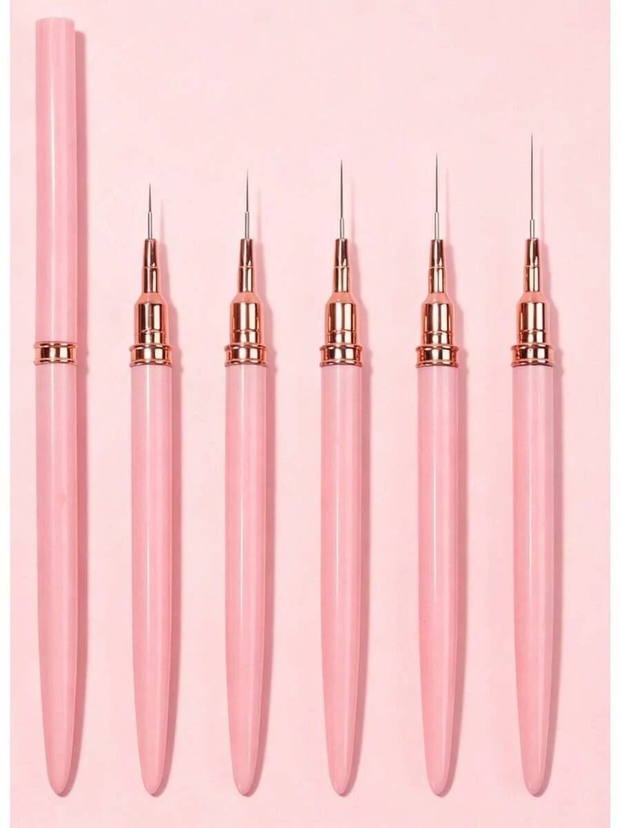 Professional Detail Nail Paint Liner Brush Set,5 Small Polish Design Technique Nail Tip Fine Line Stripe Brush,/9/11/ 15/20mm Tight Body Length Brush Nail Drawing Pencil Nail Kit Nail Supplies Nail Stuff Nail Tech Supplies - Pink - View 1