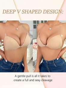1pc Women's Invisible Transparent Strapless Front-Clasp Deep V Padded Silicone Push-Up Bra, Lingerie Accessory, Suitable For Summer Matching With Dresses, Jumpsuits, Wedding Dresses - Apricot - View 4
