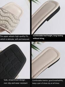 2026 Summer New Fashion Square Toe Casual Mule Open Toe Versatile Beach Soft Sole Comfortable Fairy Rhinestone Flat Slide Sandals For Women - Beige - View 6