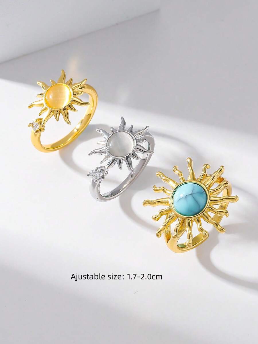 1pc Copper Turquoise Cat Eye Stone Sun Adjustable Ring For Women - Multicolor - View 1