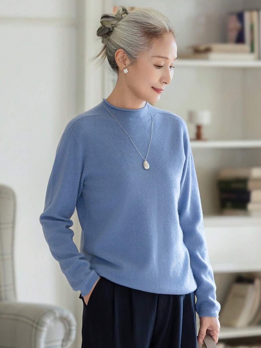女款時尚藍色羊毛毛衣,柔軟小立領針織上衣,適合萬聖節、感恩節、聖誕節節日穿搭 - 霧霾藍 - 查看 1