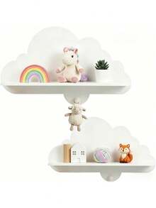 1/2/3pcs White Cloud Shaped Wall-Mounted Storage Rack, Space-Saving Wooden Display Shelf For Children's Room, Suitable For Children's Books And Toys - Multicolor - View 2