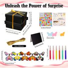 1pc Macaron Color Butterfly Explosion Surprise Box, Elegant Reusable Paper, Includes 1 Set Of Double Layer Box, 5 Butterflies, 1 Greeting Card, 2 Ribbons, 1 Pack Of Colored Pens, 2 DIY Stickers, 1 Pack Of Colorful Butterflies, Suitable For Any Age, Christmas, Birthday, Party, Graduation Ceremony, Birthday Party, Etc. - View 3