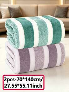 2pcs Striped Bath Towel Set | Ultra Soft, Quick Dry And Super Absorbent, Suitable For Home Bathroom, Perfect For Couples And Adults, Also Can Be Used As Travel Or Beach Towel - Multicolor - View 2