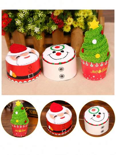 3pcs/1pc Christmas Cupcake Towel Gift, Santa Claus Snowman Tree Shaped Folded Towel, Holiday Party Small Gift, Christmas Decoration, Christmas Party Supplies, Room Decor, Christmas Home Decor, Cupcake Folded Towel, Christmas Cake Towel Gift, Holiday Party Giveaway, Christmas Party Small Gift, Stocking Stuffer Gift, Holiday Wedding Guest Small Gift, Cake Shaped Creative Towel