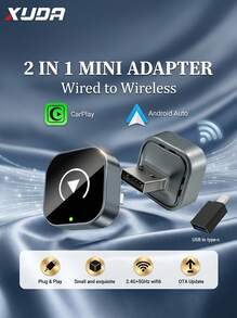 XUDA 2026 New 2-In-1 Wireless CarPlay / Android Auto Ultra Mini Adapter - 2.4-5.0 GHz WiFi 5 Carplay Converter, Wired To Wireless, Fast Auto Connection, No Delay, Compact Design, With USB/USB-C Ports, No Battery - A - View 1