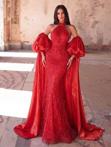 Faeriesty Haute Glamour 優雅串珠掛脖晚禮服，附可拆卸泡泡袖與串珠腰帶，紅毯活動派對婚禮秋季洋裝 - 紅色 - 查看 4