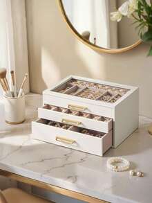 Jewellery Box, 3-Layer Jewellery Storage Organiser With Glass Window, 3 Drawers, Large Capacity, Modern, Golden Handles, Gift Idea, 16 X 24 X 12.5 Cm, Cream White - Multicolor - View 2