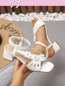 XfxfA Pair Of Women's Square Toe White Three-Dimensional Flower Thick Heeled Open Toed Sandals, Suitable For Beach Vacations/Weddings/Parties. - White - View 1