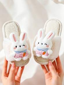 1雙女童秋冬款3D刺繡兔子毛絨拖鞋，INS風柔軟蓬鬆胡蘿蔔裝飾室內防滑保暖拖鞋，適用臥室、宿舍、居家 - 白色 - 查看 3