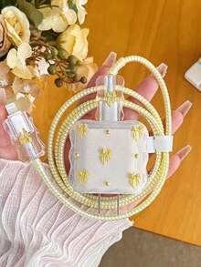 5件組金色蝴蝶結設計手機充電器保護套組，適用 20W/18W 充電器，含充電線保護套與充電頭保護套，防塵防摔，可愛女孩風，節日小禮物 - 金色 - 查看 2