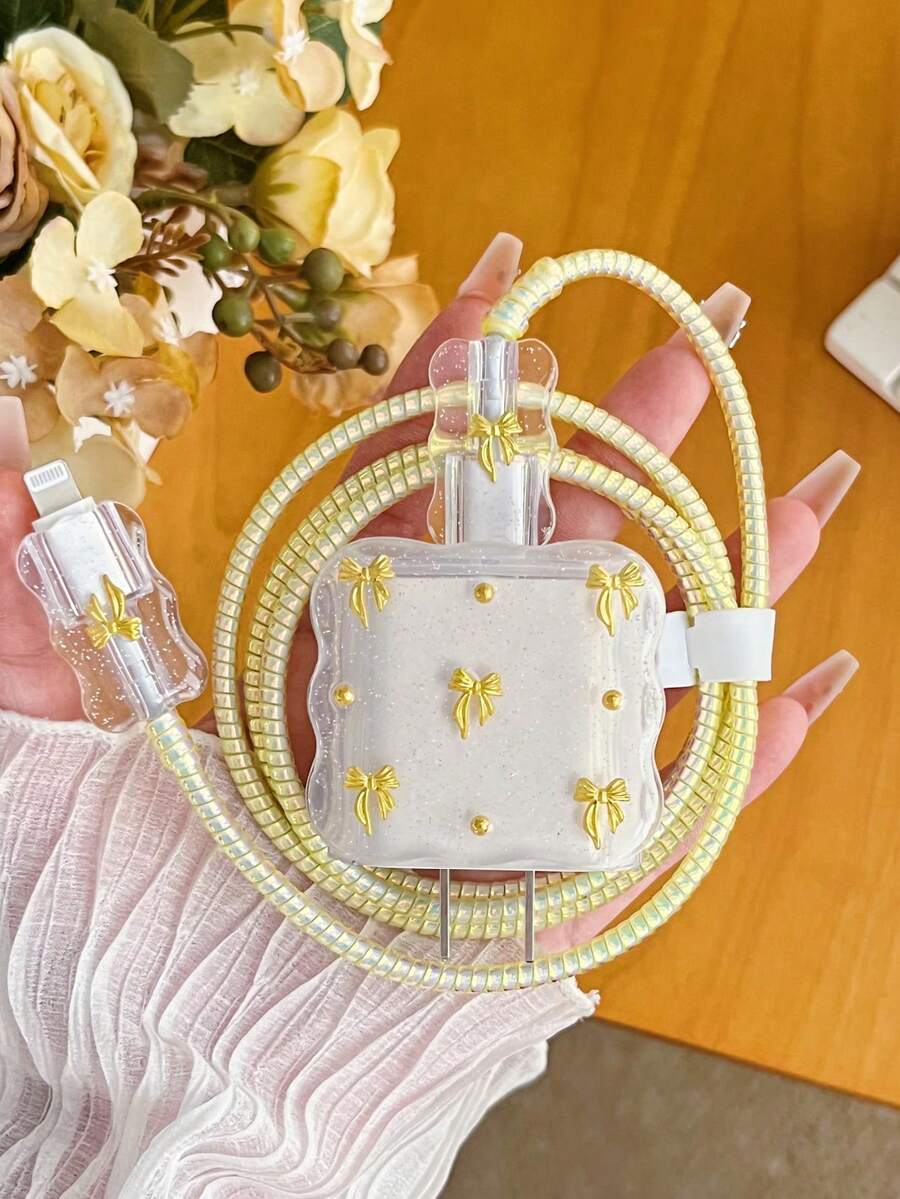 5件組金色蝴蝶結設計手機充電器保護套組，適用 20W/18W 充電器，含充電線保護套與充電頭保護套，防塵防摔，可愛女孩風，節日小禮物