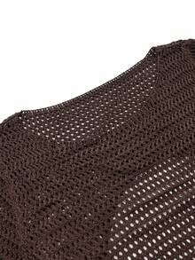 Women's Solid Color Sexy Hollow-Out Backless Sheer Beach Vacation Knit Long Sleeve Cover-Up Mini Dress, Spring/Summer, Resort Wear - Chocolate Brown - View 11