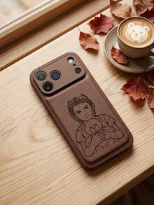 客製化雷射雕刻棕色人造皮革手機殼，相容 iPhone 13 14 15 16 17 18 Pro Max Plus Air 系列，個性化照片雕刻，復古紋理，防震保護殼，客製化圖像雕刻，適合家庭、情侶、朋友和個人肖像，寵物禮物手機殼 - 棕色 - 查看 4