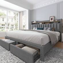 EnHomee Bed Frame With 2 Storage Drawers And 2-Tier Bookcase Headboard,1000lbs Heavy Duty For Bedroom Apartment,Easy Assembly And Noise Free - 灰色 - 查看 2