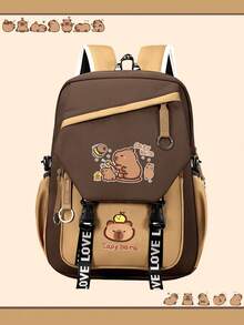 3-Piece Capybara Backpack Set, Includes Tote Bag And Pencil Case, Durable Nylon Material, Multi-Pocket Design, Tablet Compartment, Suitable For Back To School - Multicolor - View 3