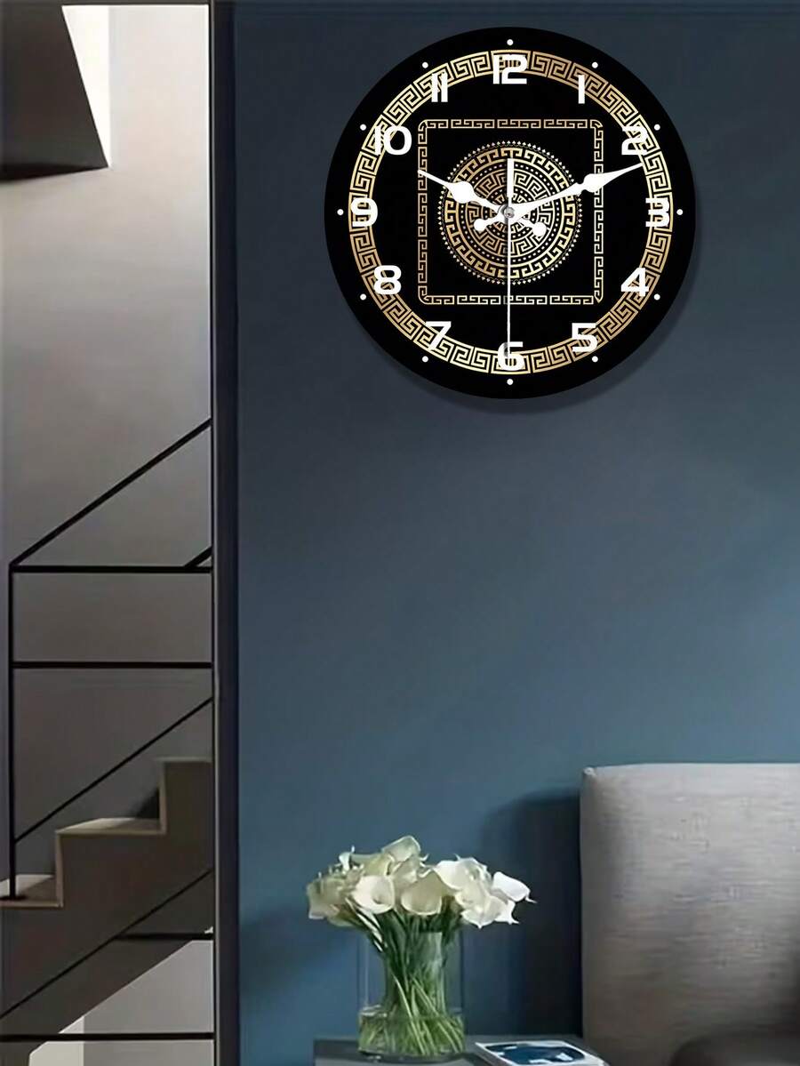 1pc Greek Meander Wooden Wall Clock - Silent Non-Ticking Round Clock, Suitable For Living Room, Bedroom, Kitchen, Office - Classic Greek Meander, (AA Battery Not Included) - A - View 1