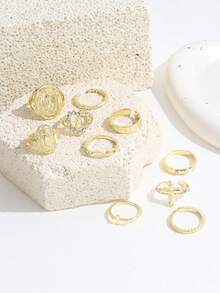 10 piezas de anillos de cruz dorados vintage, anillos apilables de banda fina con cruz hueca tallada y corazón, conjunto de joyería de mano versátil y personalizado de estilo hip hop para mujeres - Dorado - Ver 5