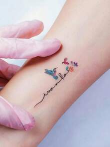 1 Pc Mini Watercolor Hummingbird Cursive Script Forearm Temporary Tattoo Stickers, Tender Sweet Tiny Floral Color Bird Fake Tattoo, Waterproof Personal Wrist Body Decor, Girls Collarbone Ankle Matching Ins Viral Temporary Tattoos - Multicolor - View 4