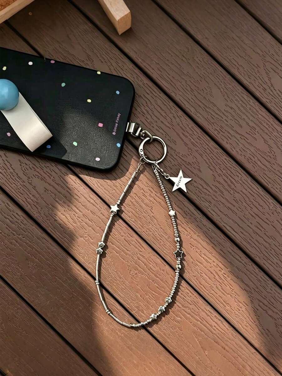 Y2K風格星星珠飾手機腕帶,銀色金屬腕帶附雕刻夢幻星星吊墜,可拆卸防摔掛繩,適用於智慧型手機、鑰匙、包包裝飾 - 彩色 - 查看 1