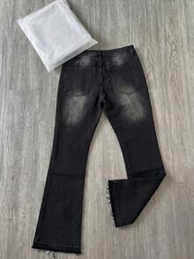 Black Vintage Cat Whisker Pattern Denim Long Pants For Men, Street Style Distressed Design Slight Flare Denim Long Pants, Daily Commute Versatile Loose Slight Flare Frayed Hem Denim Pants. - Black - View 3
