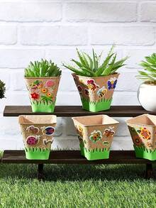1 Set 16pcs DIY Garden Paper Flower Pot Kit, Includes 10 Paper Flower Pots, 4 Foam Stickers, 2 Fence Stickers, Rectangular Planting Kit, Paintable Blank Garden Paper Pots, Suitable For Planting Activities Bulk Craft Kit, Indoor Flower Pots - Mixed - View 4