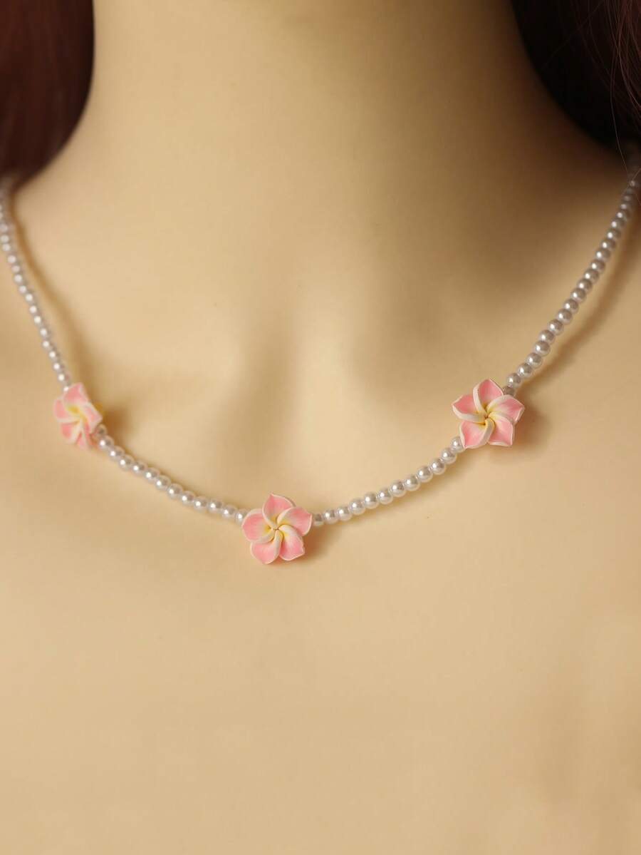 1pc Delicate Cute Pink Plumeria Beaded Collarbone Necklace, Suitable For Women's Daily Wear, Party, Outing - beaded necklace - View 1