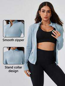 Leorrey 1pc Women's Ribbed Double Zipper Stand Collar Fitness Workout Yoga Running Cycling Long Sleeve Sports Jacket - Baby Blue - View 11