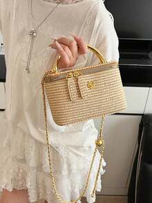 1pc Minimalist Casual Versatile Woven Straw Lunch Box Bag, Small Chain Shoulder Crossbody Bag - 卡其色 - 查看 5
