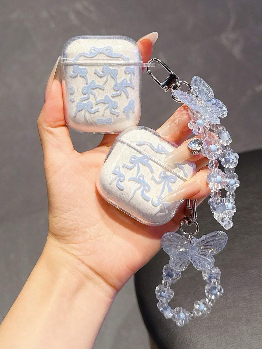 透明藍色蝴蝶結配藍色蝴蝶吊飾耳機保護殼 - 淺藍色 - 查看 1