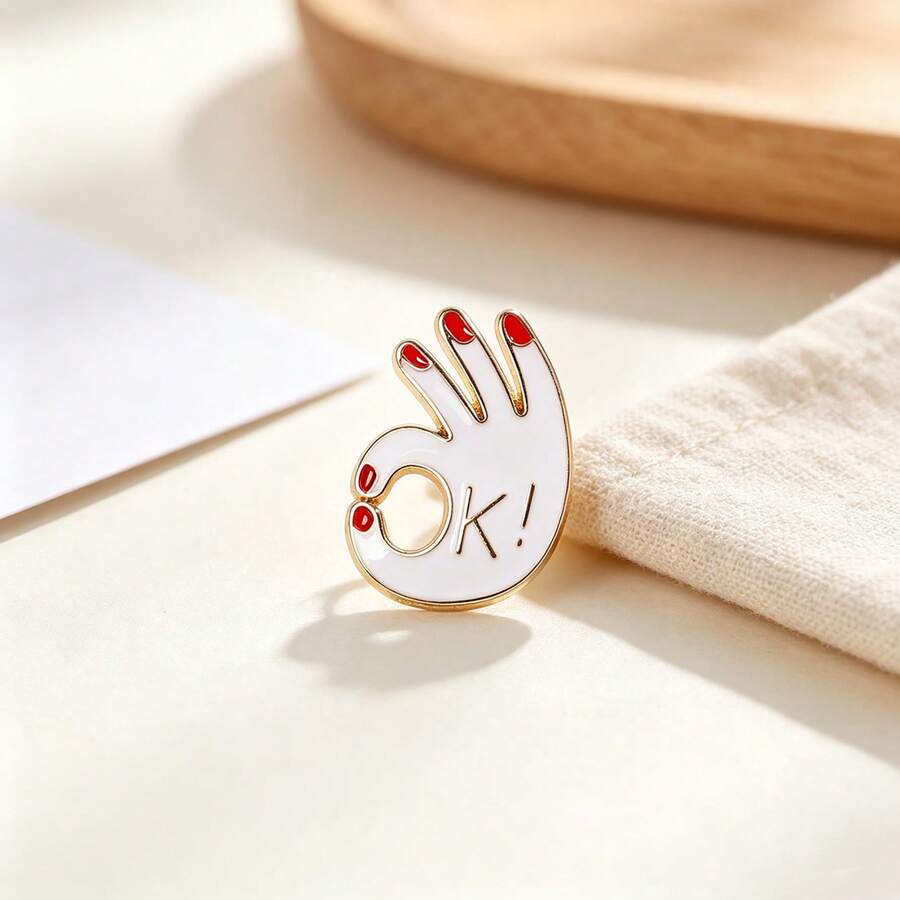 1pc OK Gesture Enamel Badge, Cute Red Manicure Palm Shaped Lapel Pin, Versatile Metal Badge Suitable For Coats, Backpacks, Daily Decoration For Boys And Girls - Multicolor - View 1