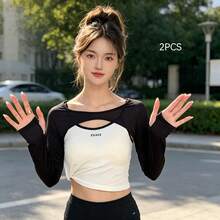 2pcs Summer Versatile Solid Color Shoulder Sleeve Covers, Comfortable Fitted Short Bolero Fake Collar, Office Wear Or Campus Style Fashionable Elegant Sleeve Collar, Black, Long Sleeve, Suitable For Daily Wear - Raglan Sleeve Two-pack - View 12