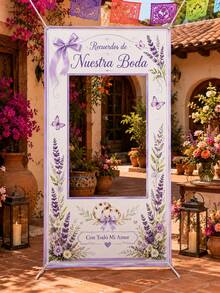 1pc Lavender Spanish Wedding Photo Booth Frame, Printed With Recuerdos De Nuestra Boda And Con Todo Mi Amor, Floral, Bowknot And Ring Patterns, Polyester Rectangular Hollow Background Cloth With 4 Metal Grommets, Suitable For Wedding Reception, Bridal Shower And Photo Decoration - Multicolor - View 4