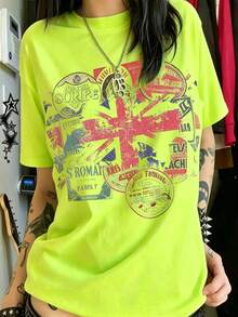 Vintage Union Jack Stamp Collage Oversized Tee, 100% Cotton Breathable, Street Style Casual Wear, Great Gift For Travel & Retro Fashion Lovers - 螢光綠 - 查看 6