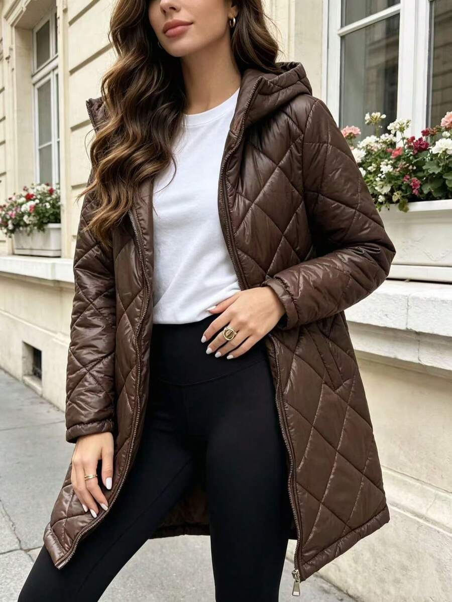 1pc Casual Mid-Length Hooded New Women's Jacket - Coffee Brown - View 1