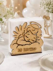 12 Servilletero de Madera MDF para Bautizo con Ángel Bebé Dormido, Porta Servilletas Decorativo para Mesa de Fiesta, Centro de Mesa Unisex - Café integral - Ver 1