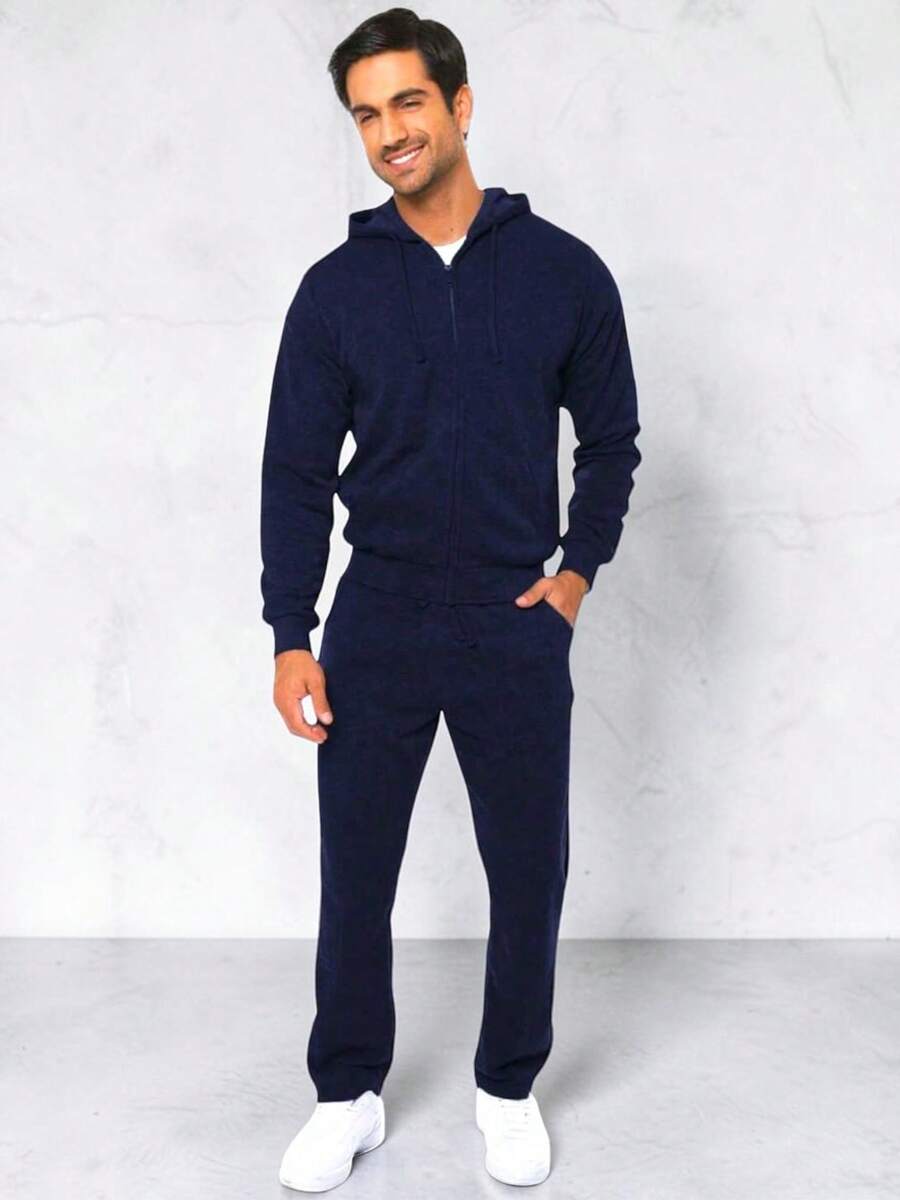 Men Hoodie Co-Ords - Navy Blue - View 1