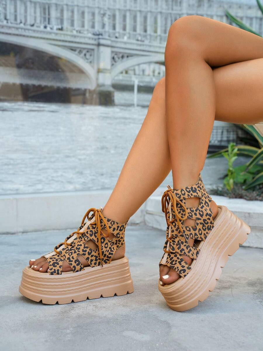 Women's Fashion Side Cut-Out Mid-Calf Open Toe Sandals, Criss-Cross Strap Design Comfortable And Breathable, Ultra-High Platform Sandals Minimalist Style Versatile For Outings And Commuting Solid Color Fabric Sandals - Leopard Print - View 1